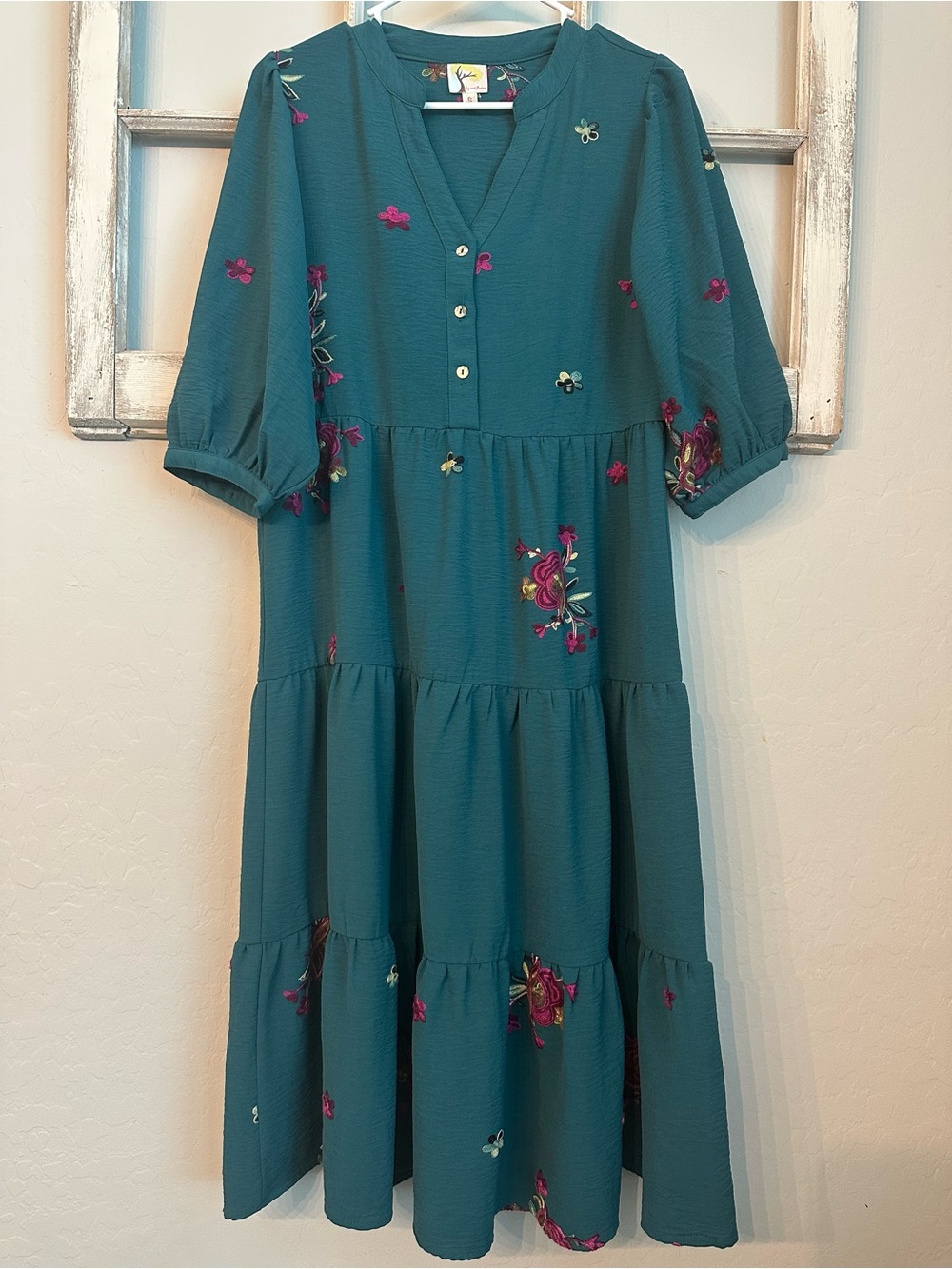 Women’s Teal Floral Embroidered Tiered Dress